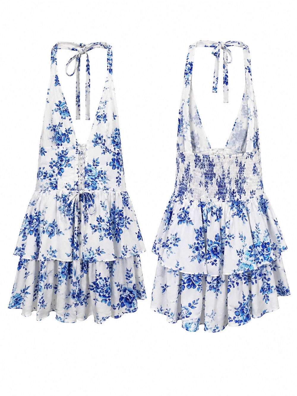 SHEIN White Halter Mini Dress with Blue Floral Print